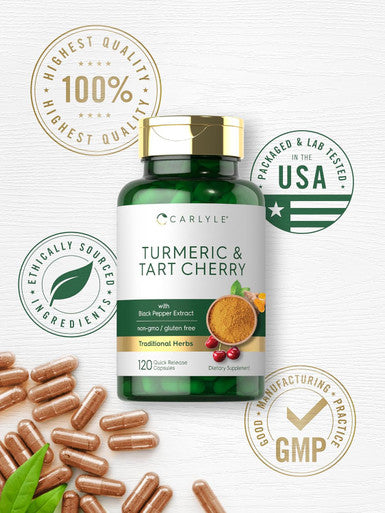 Carlyle Turmeric and Tart Cherry Capsules | 120 Count | with Bioperine | Vegetarian Non-GMO Gluten Supplement