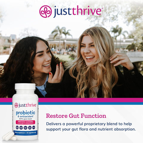 Just Thrive Probiotic & Antioxidant Supplement - 100% Spore-Based Digestive And Immune Support - Gluten 30 Caps