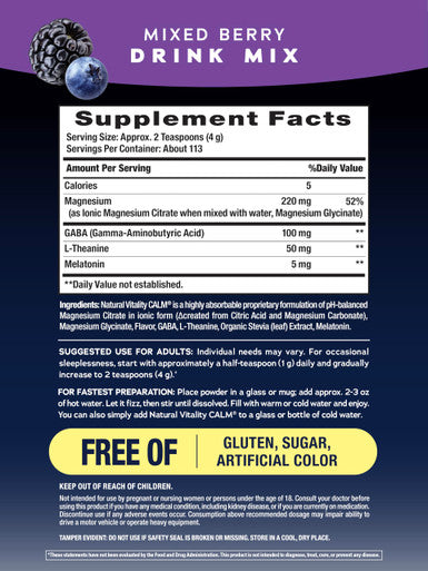 Natural Vitality Calm Sleep Melatonin | with Ashwagandha L-Theanine & GABA | Mixed Berry Flavored Drink Mix Supplement| Non-GMO & Vegan Formula | 16oz