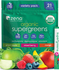 Zena Nutrition Organic Super Greens Powder 70+ Superfoods 0 Sugar 3g Fiber Spirulina Chlorella Mushrooms Prebiotics/Probiotics Digestive Enzymes Gut Health Green Apple 30 Drink Mix Packets