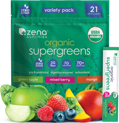 Zena Nutrition Organic Super Greens Powder 70+ Superfoods 0 Sugar 3g Fiber Spirulina Chlorella Mushrooms Prebiotics/Probiotics Digestive Enzymes Gut Health Green Apple 30 Drink Mix Packets