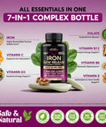 Iron Supplement For Women - Iron 65Mg (Ferrous Sulfate 325Mg) - Stomach Friendly Slow Release Iron High Absorption - Vitamins C, D3, B6, B12 & Folate - Iron Level & Energy Support - 60 Capsules