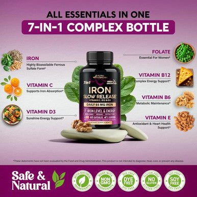 Iron Supplement For Women - Iron 65Mg (Ferrous Sulfate 325Mg) - Stomach Friendly Slow Release Iron High Absorption - Vitamins C, D3, B6, B12 & Folate - Iron Level & Energy Support - 60 Capsules