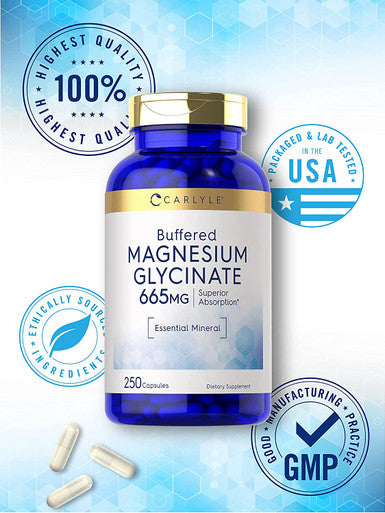 Magnesium Glycinate | 665 mg | 250 Capsules | Non-GMO and Gluten Free Formula | Essential Buffered Mineral Supplement by Carlyle