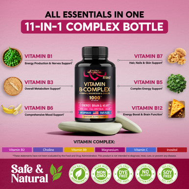 NUTRAHARMONY Vitamin B Complex - 11-In-1 B-Complex: B1, B2, B3, B5, B6, B7, B8, B9, B12 With Vitamin C, Choline, Inositol - For Men & Women - Made In Usa - Energy, Brain & Heart Support Supplements - 60 Vegan Caps