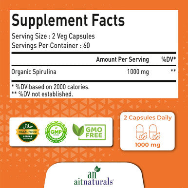 Aitnaturals Organic Spirulina 1000 mg (120 Capsules) | Boosts Immune Function Supports Liver Health Enhances Energy & Vitality Improves Gut Health Aids Detoxification Non-GMO Gluten Halal