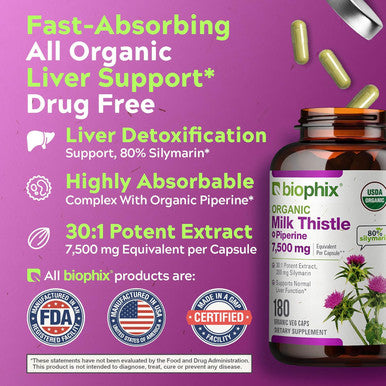Biophix Milk Thistle Usda Organic 30:1 Extract 7500 Mg With Piperine 180 Veggie Capsules - Healthy Liver Support - Antioxidant Formula - Detoxification Support