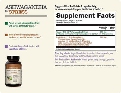 NatureWise Ashwagandha for Stress Adaptation Anxiety Relief Calming KSM66 Herbal Supplement Extract GABA LTheanine Rhodiola Rosea Light Brown 60 Count