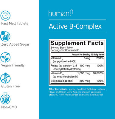 HumanN Active BComplex Daily Energy Mood Enhancing Supplement 30 FastMelting Tablets