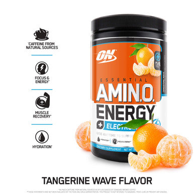 Optimum Nutrition Amino Energy Plus Electrolytes Energy Drink Powder Caffeine for PreWorkout Energy Amino Acids / BCAAs for PostWorkout Recovery Tangerine Wave 30 Servings