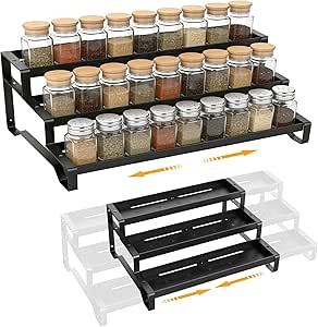 Expandable Spice Rack Organizer for Cabinet 3 Tier Spicy Shelf Black 1Pack | Adjustable Length 13"-21", Easy to See Labels, Sturdy Metal, Slip-Resistant Guardrails for Jars, Cabinet & Countertop Storage