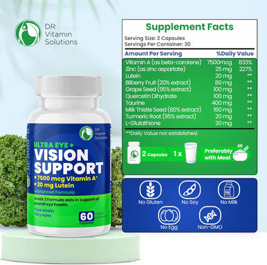 DR VITAMIN SOLUTIONS Vision Support Eye Vitamins For Macular Health Supplements With Lutein, Zinc, Vitamin A & Bilberry Areds 2 Formula (1 Bottle, 60 Capsules)