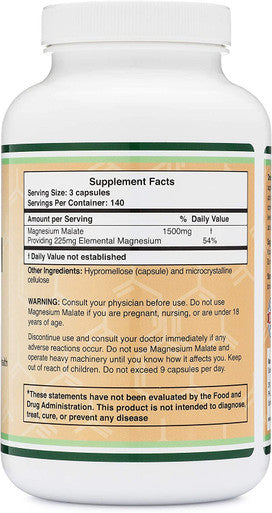 Magnesium Malate Capsules 420 Count 1500mg Per Serving Magnesium Bonded to Malic Acid Third Party Tested Vegan Friendly Gluten Manufactured in The USA by Double Wood Supplements