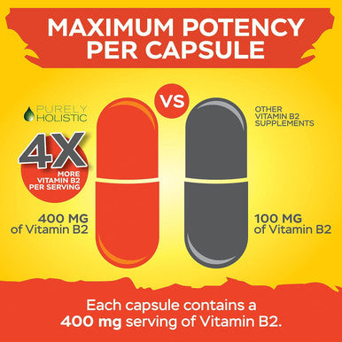 Purely Holistic Vitamin B2 Riboflavin 400Mg - 240 Vegan Capsules, 8 Month Supply - High Strength B2 Vitamins - Non Gmo & Gluten Free - Supports Energy Production & Cellular Health