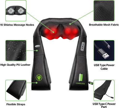 Cotsoco Cordless Shiatsu Neck And Shoulder Massager With Heat,Portable Massagers For Neck And Back,3D Deep Tissue Kneading Back Massager For Muscle Pain Relief,Perfect Gifts For Men And Woman