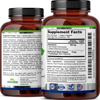 Zazzee High Absorption Artemisinin 100 Mg Per Capsule 120 Vegan Capsules With 5 Mg Bioperine For Maximum Absorption Sweet