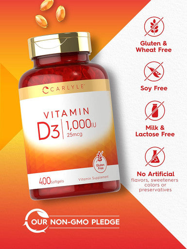 Carlyle Vitamin D3 1000 IU | 400 Softgels | Non-GMO and Gluten Formula | 25 mcg