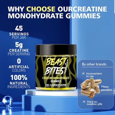 BEAST BITES Nutrition Creatine Monohydrate Gummies 5000mg (135 Count)-Lemon Flavor.