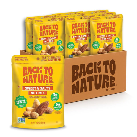 Back to Nature Premium Nut Mix - Cashew, Almond & Pistachio Blend, Dry Roasted with Sea Salt, Non-GMO High Protein Snacks, 9 Ounce (Pack of 9) | Cashew Almond Pistachio Mix, Kosher, No Dairy Added, Non GMO No High Fructose Corn Syrup No Artificials, Wholesome Snacks 9oz