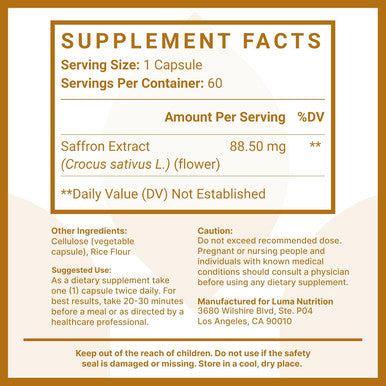 Luma Nutrition Saffron Extract Capsules - Premium Saffron Supplements - 88.50 Mg Pure Saffron Pills - Mood Support - Eye Support - Made In The Usa - 60 Capsules