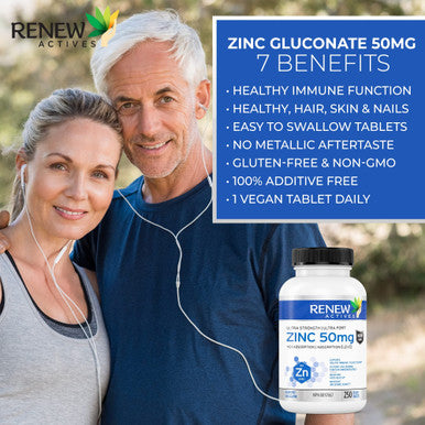 Renew Actives Zinc Supplements, 8 Month Supply (250 Count), Easy To Swallow, Max Strength 50Mg Zinc Vitamin, For Healthy Skin, A Strong Immune System, And Enhanced Hair Growth, Vegan, Made In Canada
