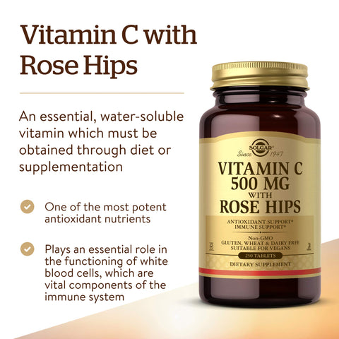 Solgar Vitamin C 500 Mg With Rose Hips 250 Tablets - Antioxidant & Immune Support - Overall Health - Supports Healthy Skin & Joints - Non Gmo Vegan Gluten Free Dairy Free Kosher 250 Servings