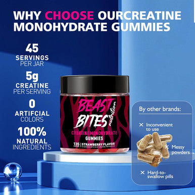 BEAST BITES Nutrition Creatine Monohydrate Gummies for Men & Women - 5g of Creatine Monohydrate per Serving - Sugar Free,Vegan, Strawberry Flavor, 135 Count (45 Servings)