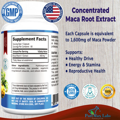 YUMMYVITE Maca Root Capsules - Concentrated 4:1 Extract (Equivalent To 1,600Mg Per Capsule) Lepidium Meyenii - 60 Capsules