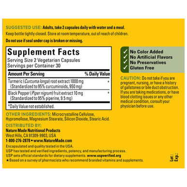 Nature Made Extra Strength Turmeric Curcumin With Black Pepper 1000Mg Extract (950Mg Curcuminoids) Per Serving Supports Healthy Inflammation Response 60 Vegetarian Capsules 30 Day Supply
