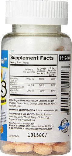 Mason Natural Vitamin Healthy Kids Cod Liver Oil and Vitamin D, Tasty Chewable Orange Flavor, 100-Count, (Pack of 3)