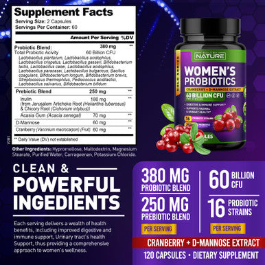 Built Nature Probiotics For Women - 60 Billion Cfus, 16 Strains, With Cranberry, D-Mannose & Prebiotics - Supports Digestive, Immune, & Vaginal Health - Non-Gmo, Dairy & Gluten-Free - 120 Veggie Capsules