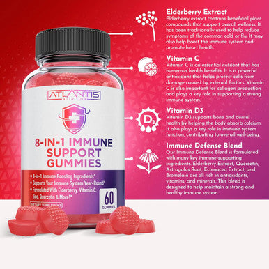 Atlantis Nutrition 8-In-1 Immune Support Gummies With Elderberry Immune Supplement With Elderberry, Quercetin, Zinc, Vitamin C - Immunity Boosters For Adults & Kids - Delicious Flavor - 60 Count
