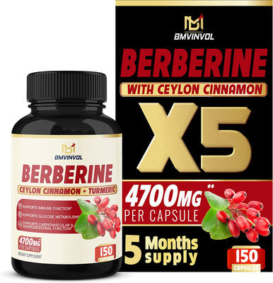 Berberine Supplement 4700mg 5 Months Supply High Potency with Ceylon Cinnamon Turmeric Supports Immune System Cardiovascular Gastrointestinal Function Berberine HCl Supplement Pills