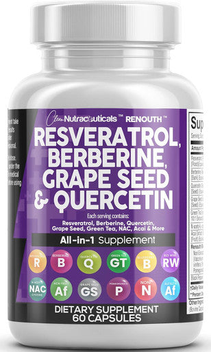 Clean Nutraceuticals Resveratrol Berberine Grape Seed Extract Quercetin Green Tea Extract Polyphenol Supplement For Women & Men W/N-Acetyl Cysteine, Acai Extract - 1Pack