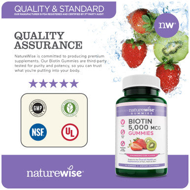 Naturewise Biotin Gummies - Beauty And Wellness Support For Hair, Skin, And Nails 5000Mcg | Strawberry Kiwi Flavor Gummies 60