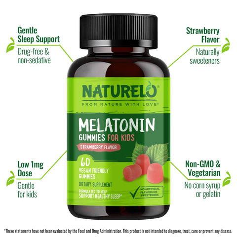 Naturelo Melatonin Gummies For Kids Non-Gmo Gluten-Free Soy Free - Strawberry Flavor - Gentle Sleep Supplement 60 Vegetarian Gummies