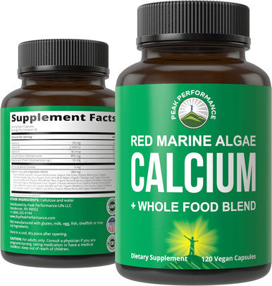 Plant Based Calcium - Red Marine Algae Calcium Supplement With Vitamin C, D3, K, Magnesium, And Whole Food Vegetable Blend. Vegan Capsules For Bones And Joints. 120 Calcium Pills, Tablets