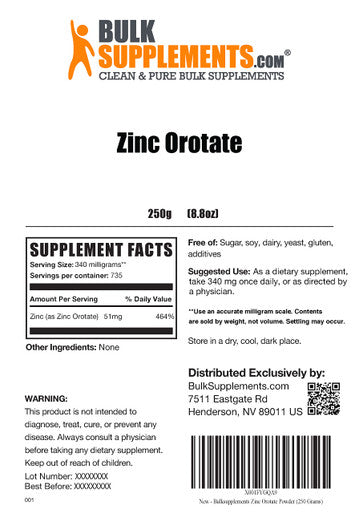 BulkSupplements Zinc Orotate Powder - Zinc Supplement for Immune & Skin Support - , Soy Free - 340mg (50mg of Zinc) (250 Grams - 8.8 oz)