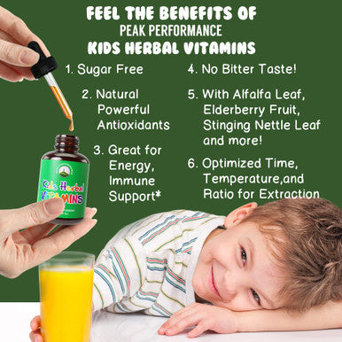 Kids Vitamins From Herbs. Liquid Kids Herbal Multivitamin. No Bitter Taste. Sugar Free 14-In-1 Vegan Supplement Drops For Toddler