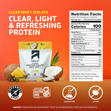 Ascent 100% Clear Whey Protein Powder, 20 Serv