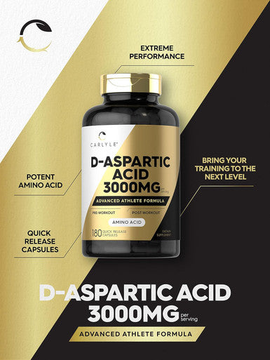 Carlyle D Aspartic Acid Capsules (DAA) | 3000mg | 180 Count | Non-GMO Gluten Supplement | Advanced Athlete Formula