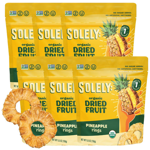 SOLELY - Organic Dried Pineapple Rings (5.5 oz Resealable Bags, Pack of 3) - Real Fresh Fruit - 1 Ingredient - Healthy Snacks for Adults & Kids - Non GMO, Vegan Snacks, Shelf Stable - 3 Bags (16.5 oz)