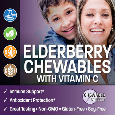 BRONSON Elderberry Chewables with Vitamin C - Berry - 60 Vegetarian Tablets- Adults and Kids Immune Support