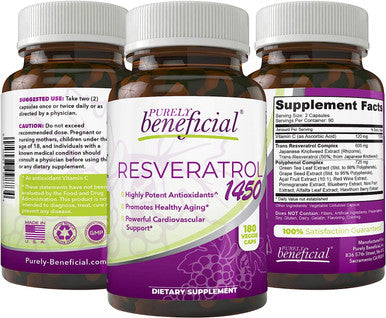 PURELY beneficial RESVERATROL1450 - 90day Supply, 1450mg per Serving of Potent Antioxidants & Trans-Resveratrol, Promotes Anti-Aging, Cardiovascular Support, Maximum Benefits (1bottle)