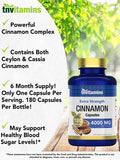 Cinnamon Capsules 4000 MG - 180 Capsules | Ceylon Cinnamon & Cassia Cinnamon Pills | Blood Sugar Support Supplement* | Extra Strength Cinnamon Bark Extract | Cinnamon Complex | by TNVitamins