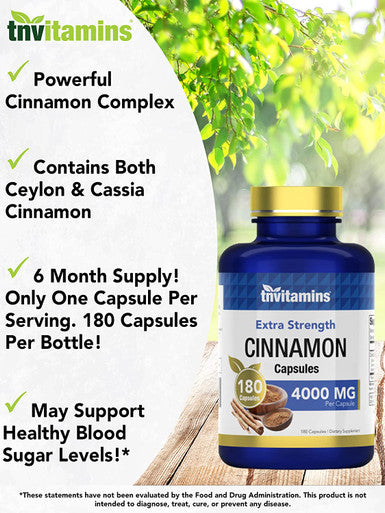 Cinnamon Capsules 4000 MG - 180 Capsules | Ceylon Cinnamon & Cassia Cinnamon Pills | Blood Sugar Support Supplement* | Extra Strength Cinnamon Bark Extract | Cinnamon Complex | by TNVitamins