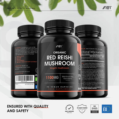 Organic Red Reishi Mushroom 1100mg | Wild-Grown Ganoderma Lucidum | Non-GMO, Gluten Free, Halal - 90 Vegan Capsules