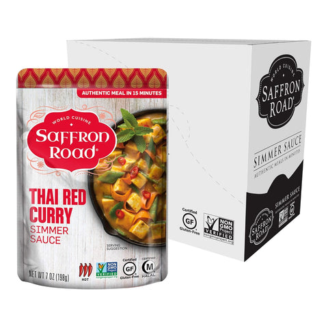 Saffron Road Coconut Curry Simmer Sauce | Globally Inspired Simmer Sauce | Gluten-free, Vegetarian, Non-GMO, and Certified Halal and Kosher | 7.0oz Pouch | Pack of 4