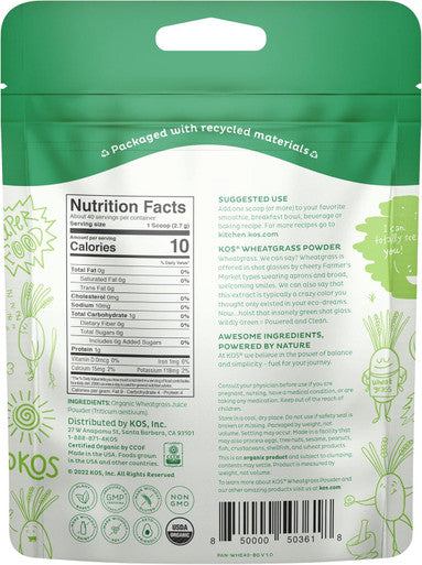 Kos Organic Wheatgrass Juice Powder, Superfood Rich In Chlorophyll & Fiber, Cold-Pressed & Air Dried Plant Based Ingredient - Usda Certified, Non-Gmo, Soy & Gluten-, 40 Servings Bag