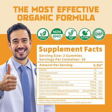 Calcium Magnesium Zinc Gummies With Vitamin D3 & K2 - High Potency Enhanced Absorption -60 Orange Gummies Flavored.